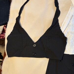 Black Pinstripe Button Front Halter Crop Top costume